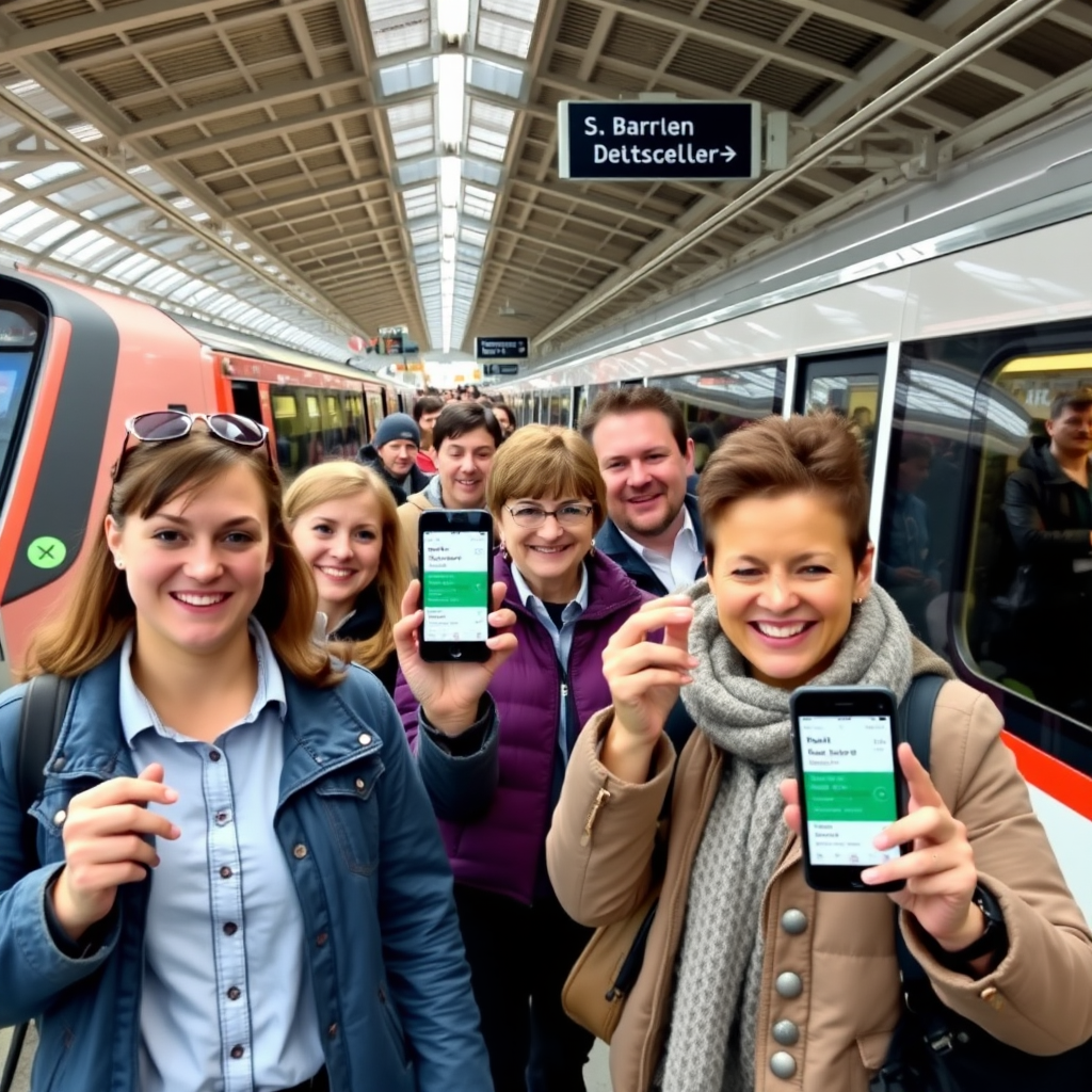 Deutschland-Ticket Erfolg: Moderne S-Bahn und Regionalzüge an einem belebten deutschen Bahnhof mit glücklichen Pendlern, die ihre Smartphones mit dem Deutschland-Ticket zeigen