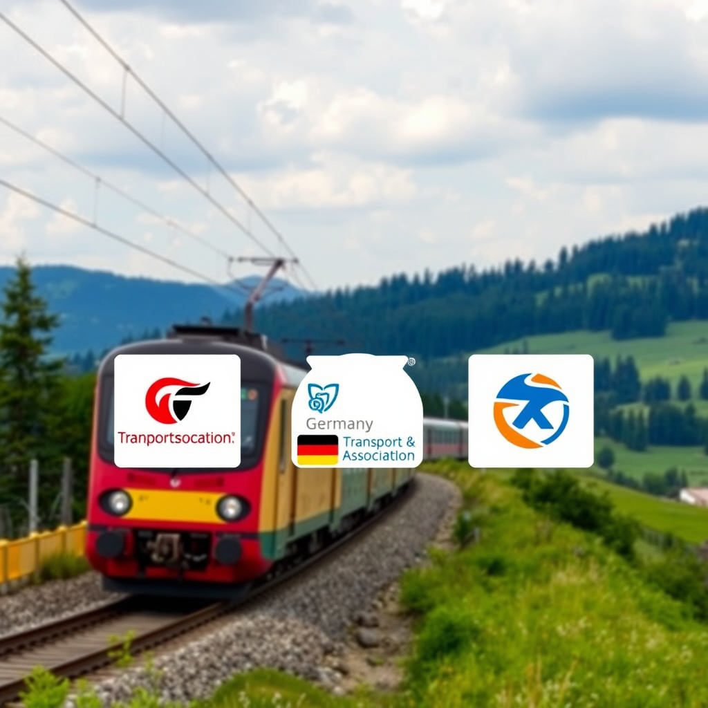 Deutsche Bahn Zug fährt durch deutsche Landschaft mit modernen Verkehrsverbund-Logos im Vordergrund, symbolisiert die neuen Partnerschaften für das Deutschland-Ticket