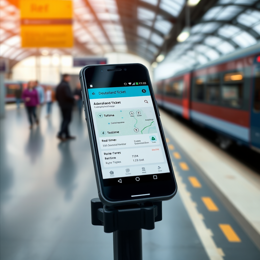 Deutschland-Ticket App auf einem Smartphone-Bildschirm mit der neuen Benutzeroberfläche, die Routenplanung und Echtzeitinformationen zeigt, im Hintergrund ein deutscher Bahnhof