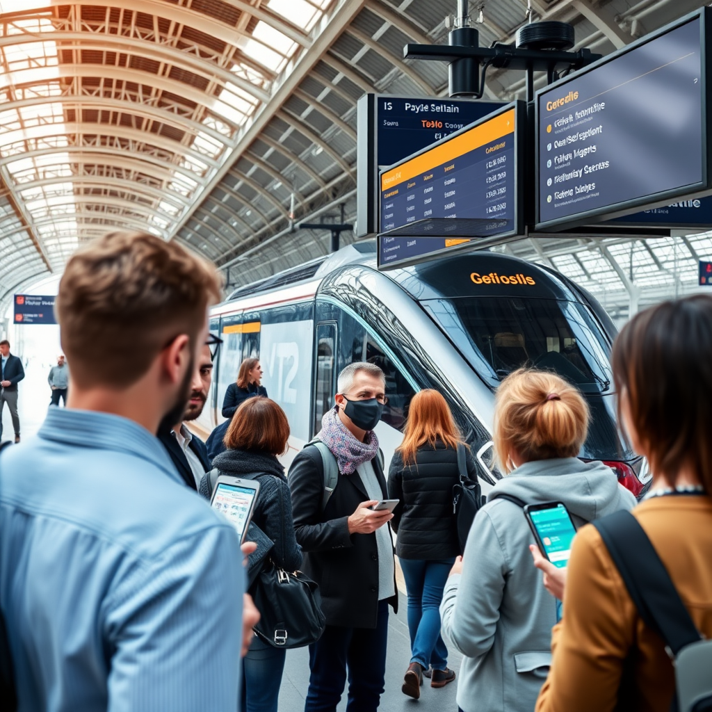 Deutschland-Ticket Buchungsservice - Moderne Zugstation mit ICE-Zug und digitalen Anzeigetafeln, Menschen mit Smartphones beim Ticket-Kauf