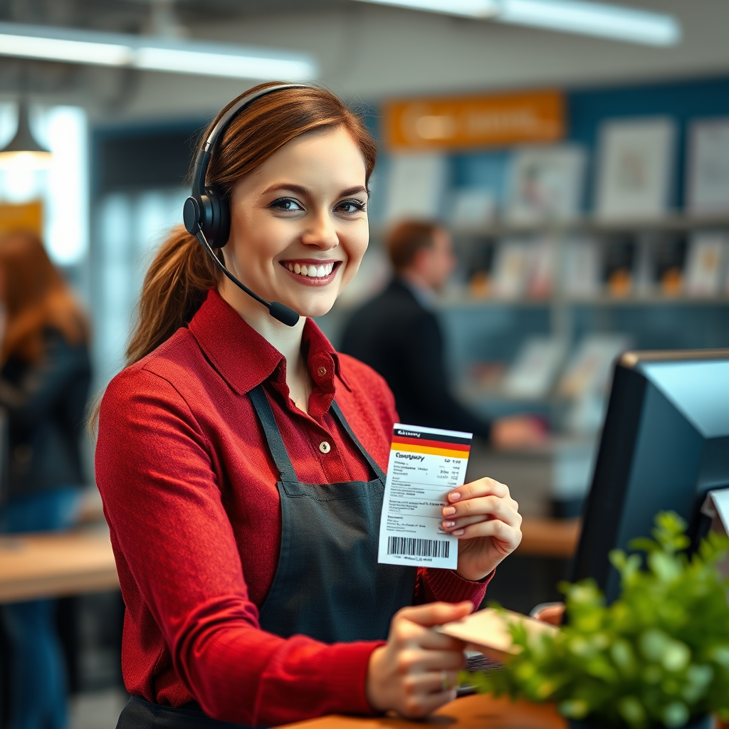 Freundlicher Kundenservice-Mitarbeiter mit Headset am Arbeitsplatz, der Kunden beim Deutschland-Ticket hilft