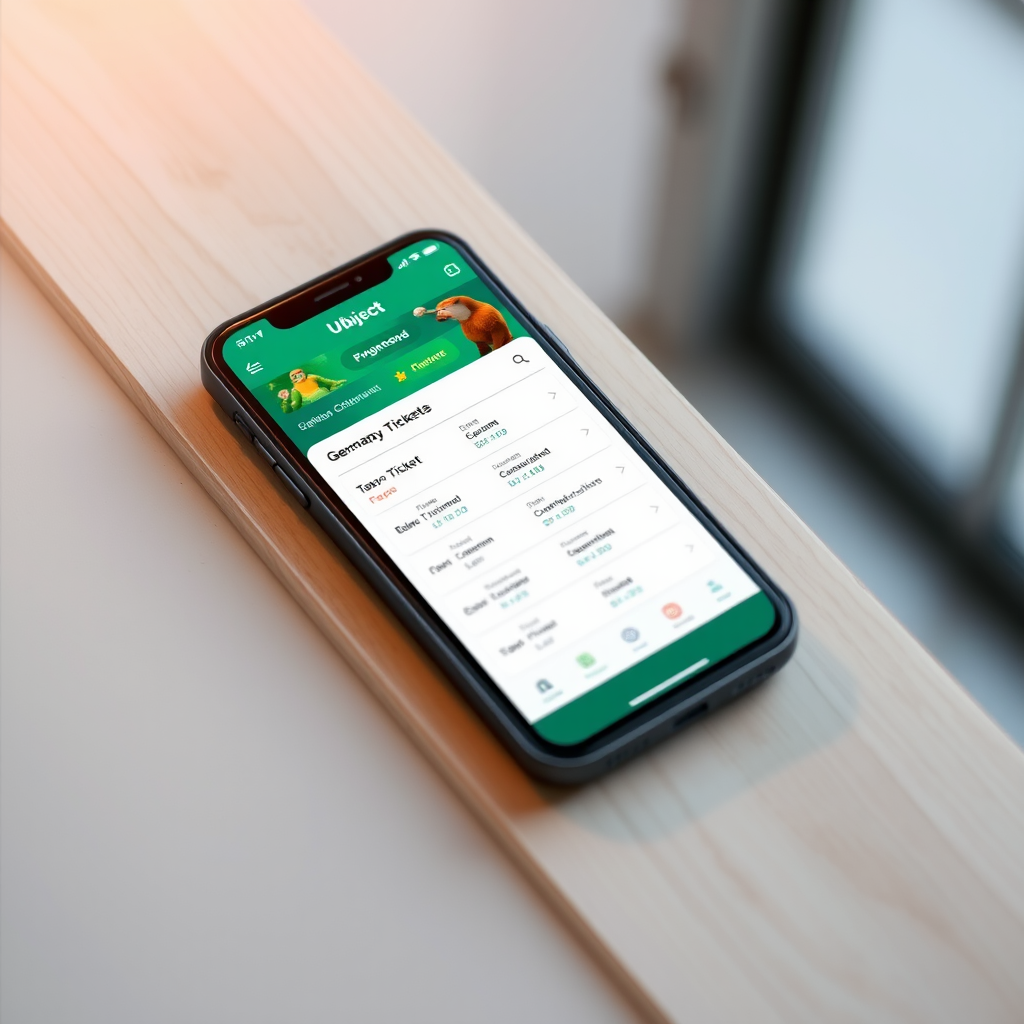 Deutschland-Ticket App Interface auf einem Smartphone mit digitalen Tickets und Fahrplanansicht