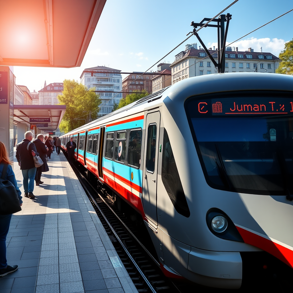 Moderne S-Bahn und Regionalzug an einem deutschen Bahnhof mit Fahrgästen, die das Deutschland-Ticket nutzen, sonniger Tag mit urbaner Architektur im Hintergrund