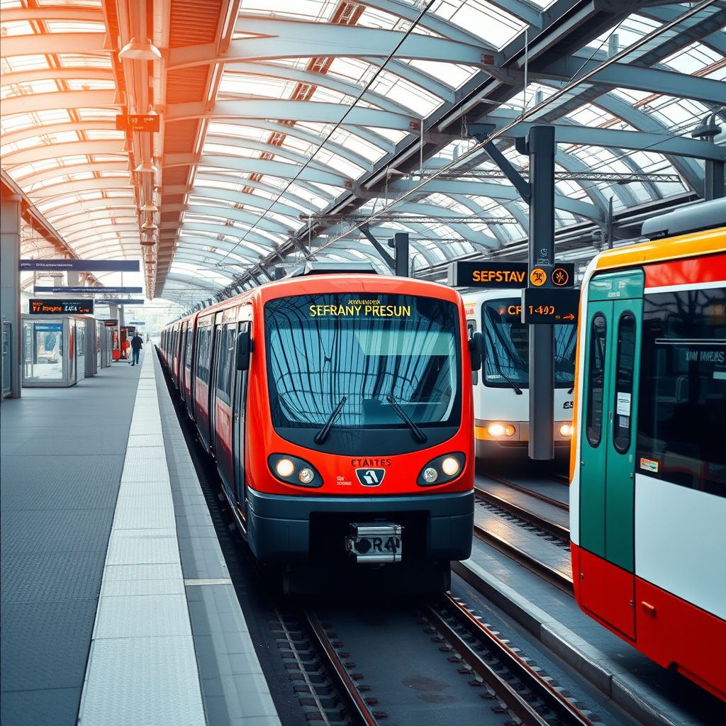 Moderne Verkehrsknotenpunkt mit verschiedenen Verkehrsmitteln - S-Bahn, Bus und Straßenbahn - die das integrierte Deutschland-Ticket System symbolisieren