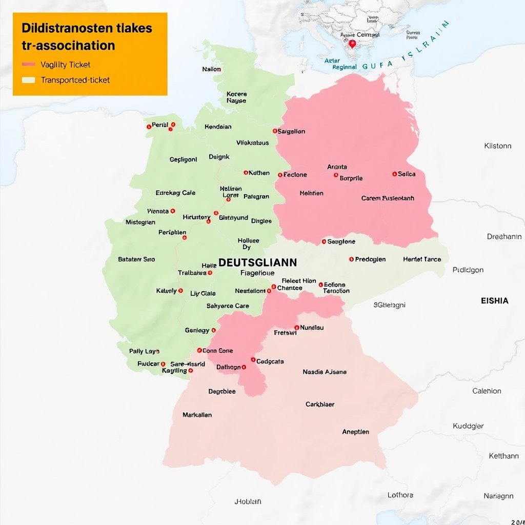Detaillierte Deutschlandkarte mit markierten Verkehrsverbünden und Gültigkeitsbereichen des Deutschland-Tickets, verschiedene Regionen in unterschiedlichen Farben hervorgehoben