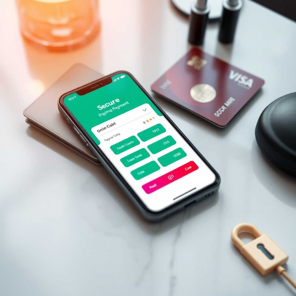 Sichere Online-Zahlung für Deutschland-Ticket - Smartphone mit Zahlungs-App, Kreditkarten und Sicherheitssymbole auf modernem Schreibtisch