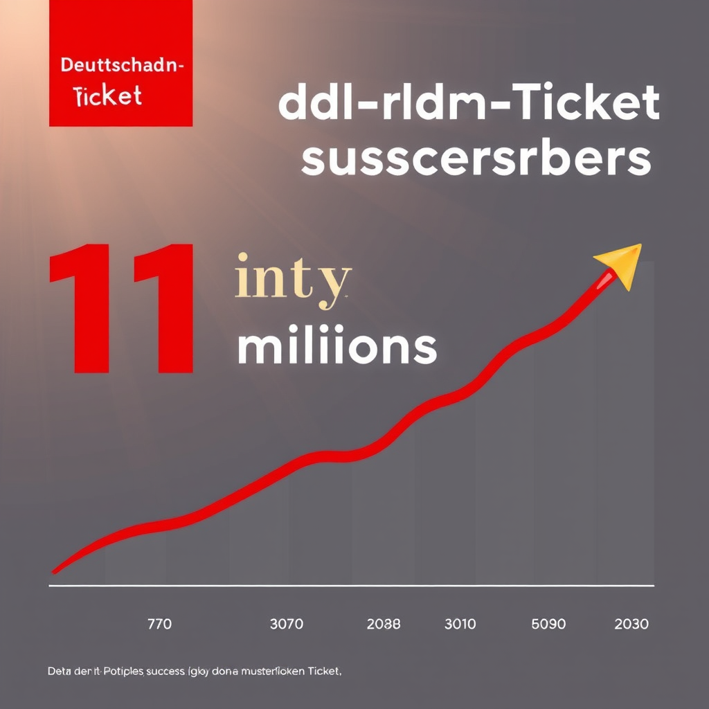 Grafische Darstellung des Deutschland-Ticket Erfolgs mit 11 Millionen Abonnenten, zeigt Statistiken und Wachstumskurven in rot-goldenen Farben