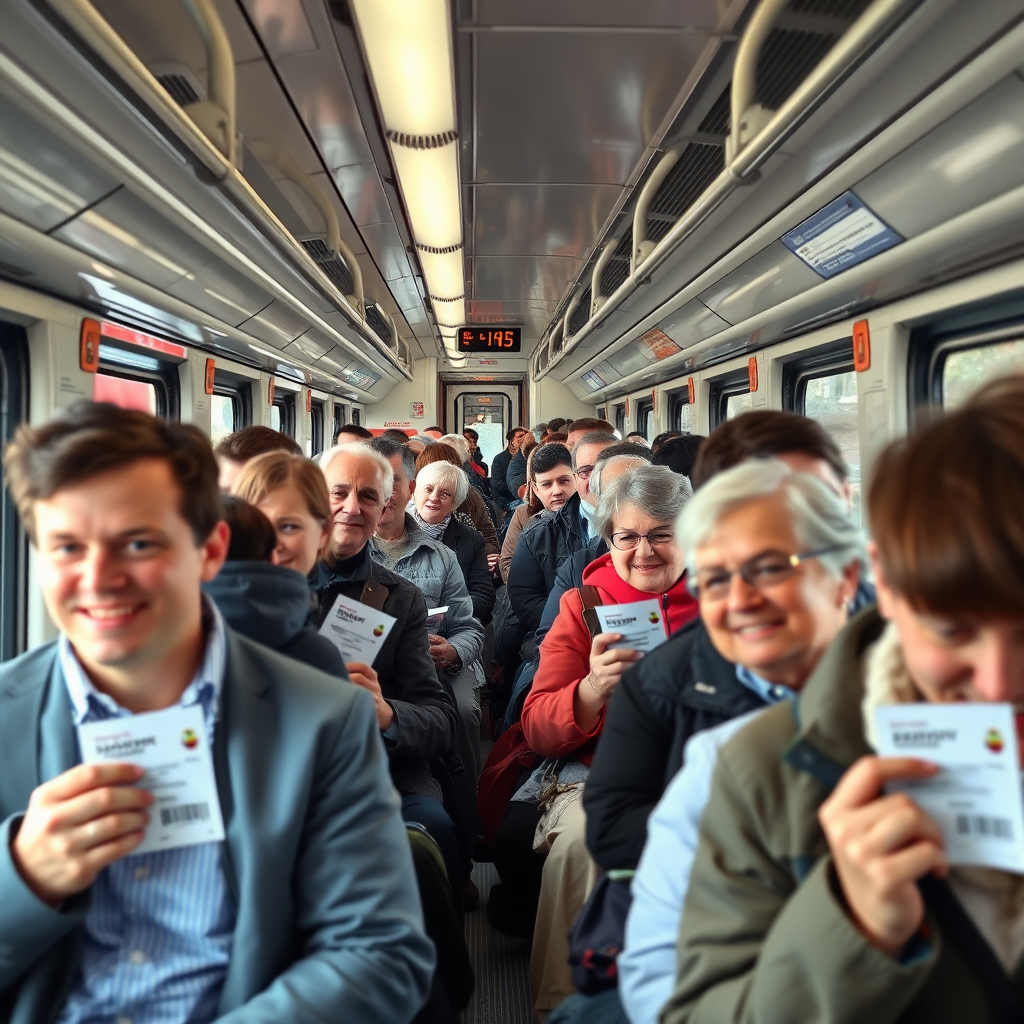 Überfüllter Regionalzug mit zufriedenen Fahrgästen verschiedener Altersgruppen, die das Deutschland-Ticket nutzen, moderne Zugausstattung mit digitalen Anzeigen