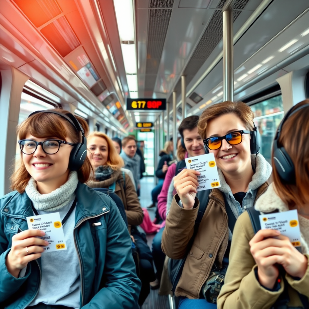 Zufriedene Fahrgäste nutzen verschiedene Verkehrsmittel mit dem Deutschland-Ticket, moderne Verkehrsinfrastruktur im Hintergrund zeigt die erfolgreiche Integration