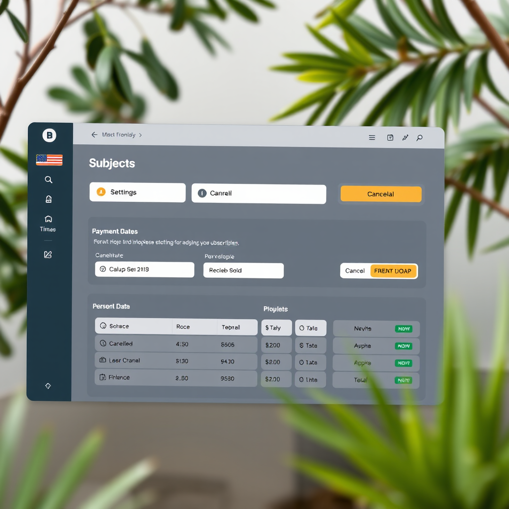Benutzerfreundliches Online-Dashboard für Abo-Verwaltung mit Einstellungsoptionen, Kündigungsbutton, Zahlungsmethoden und persönlichen Daten auf einem modernen Interface