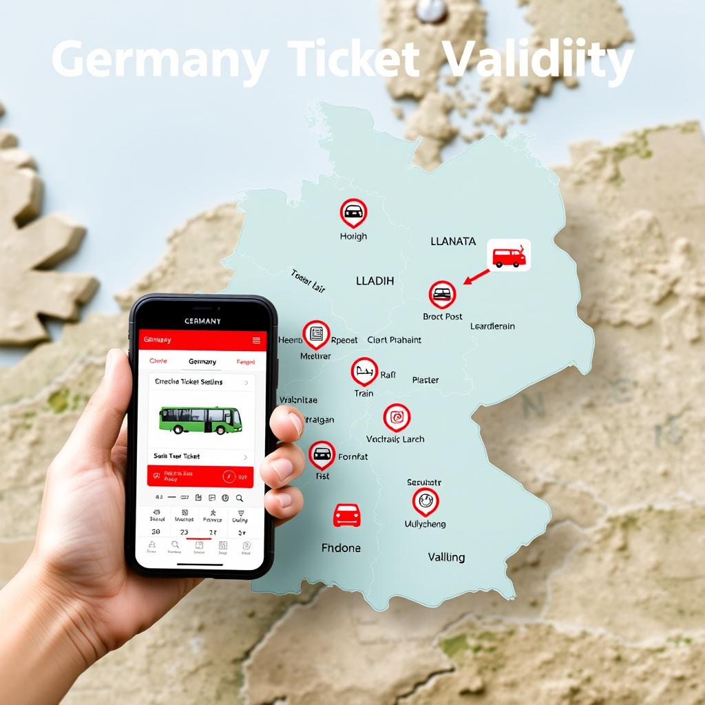 Deutschland-Ticket Gültigkeit - Deutschlandkarte mit Verkehrsverbünden, Bus- und Bahnsymbole, mobile Ticket-App auf Smartphone