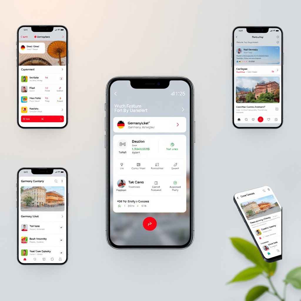 Deutschland-Ticket App Funktionsübersicht mit verschiedenen Bildschirmen und Features