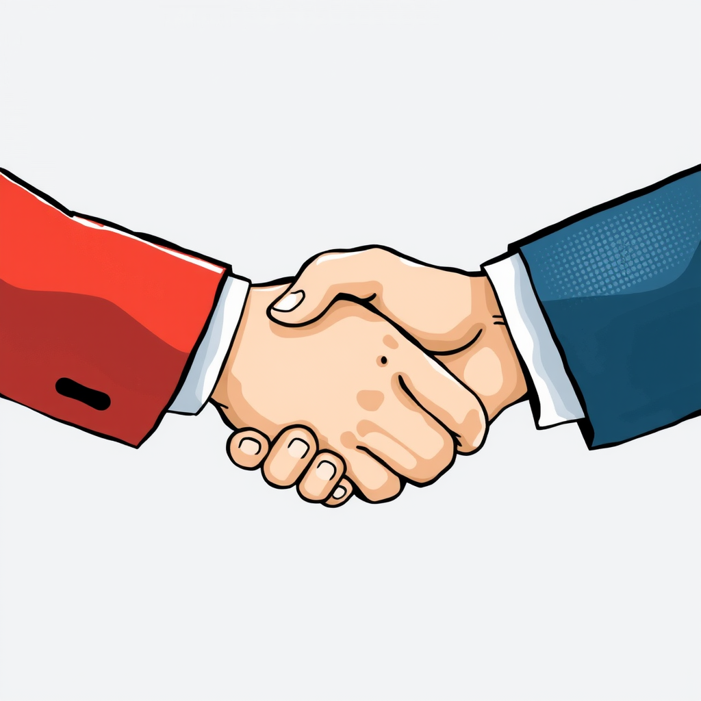 Illustration von Handschlag zwischen Deutsche Bahn und regionalen Verkehrsverbünden, symbolisiert Kooperationen und Partnerschaften im öffentlichen Nahverkehr
