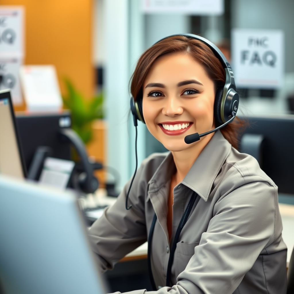 Freundlicher Kundenservice-Mitarbeiter mit Headset am Arbeitsplatz, umgeben von Telefon, Computer und FAQ-Dokumenten, professionelle Büroumgebung