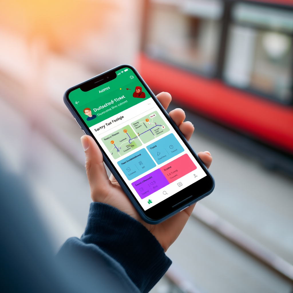 Smartphone-Display zeigt die Deutschland-Ticket App mit neuen Funktionen, Routenplanung und modernem Interface in den Markenfarben